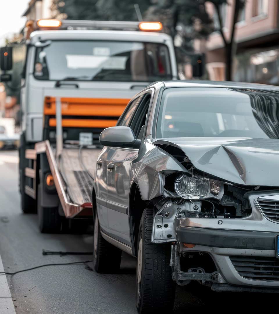 Unfallwagenankauf Mainburg: Beschädigtes Auto wird nach dem Unfall per Abschleppwagen abgeholt.